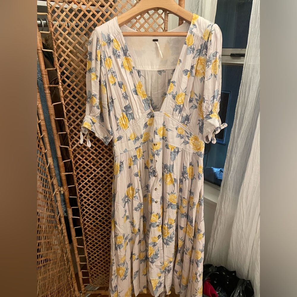 Free People Yellow and Blue Floral Midi Dress